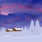 Winter landscape with snow house, forest and mountains. Beautiful winter sunset, dawn. 3D vector picture.