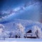 Winter landscape with snow in mountains Carpathians, Ukraine.Starry Sky