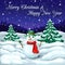 Winter landscape with snowman and snowfall. cute winter scene of snowy christmas night and smiling snowman in forest. merry