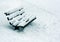 Winter landscape, snowy bench in park