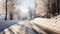 Winter landscape, snowy forest, icy road, vanishing point generated by AI