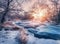 Winter landscape with snowy trees, ice, beautiful frozen river