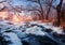 Winter landscape with snowy trees, ice, beautiful frozen river