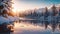 Winter Landscape, Snowy Trees and Lake in Pristine Surroundings, A dreamy twilight landscape with twinkling starlight reflecting