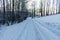 Winter landscape with snowy trees and snowmobile path