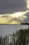 Winter landscape with the snowy winter field and frozen plants at sunset Tall grass and reeds by the frozen lake with sun set, Fro