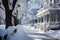 Winter landscape on the street with houses and roads covered with a lot of snow. Cold snowy weather. Generative AI