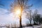 Winter landscape. Sunrise . Fields and trees in the snow.