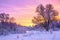 Winter landscape with sunset and the forest