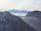 Winter landscape of the Tatra Mountains as seen from Sokolica. Pieniny and Tatra Mountains on a frosty day. Fogs in the valleys