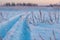 winter landscape, tire tracks on the snow, snow road