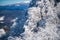 Winter landscape with trees covered with snow hoarfrost. Cold and snowy winter mountains.