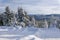 Winter landscape, trees in mountains covered with hoarfrost