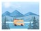 Winter landscape. Van is going down a road. Snowy hills and forest scenery