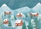 Winter landscape vector background. Nature night rustic scene with cute houses, fir tree, road, snowman, mountains