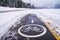 Winter landscape - view of the snowy bike path near the ski resort