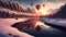 Winter landscape withe snow mountains with sunlight waterfall and Colorful hot air balloons flying. Generative AI illustration