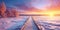 Winter landscape with wooden path at sunset. Winter nature background