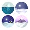 Winter landscapes isolated icons, countryside view and Antarctic ice