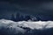 Winter lanscape from Patagonia moutains with snow. Lago Nordenskjold, Torres del Paine National Park, Chile. Twilight blue evening