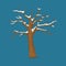 Winter, late autumn season icon, symbol. Single bare, leafless tree with snow covered branches isolated on blue background.