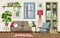 Winter living room. Cozy colorful interior design. Cartoon vector illustration