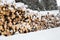Winter logging in the snow forest. Stock of timber under the snow
