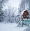Winter, a lot of snow, Beautiful wooden country house, snowy trees, green fence