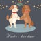 Winter love concept vector illustration. Cute cartoon pair of dogs holding hands under mistletoe wreath. Loving couple