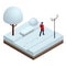 In winter, a man walks through the snow in a city park, leaving footprints in the snow. Isometric Winter concept. Bench