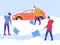Winter Man and Woman Clean Car out of Snow, Remove Ice with Shovels, Cleaning Backyard Area. People Characters