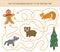 Winter maze for children. Preschool Christmas activity. New Year puzzle game with fairytale character, fox, bear, wolf. Help the