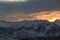 Winter morning landscape of the snow-capped high mountains of the Trans-Ili Alatau in the early winter morning during sunrise