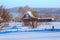 Winter morning in Russian old-believer village Visim. Ural, Russia