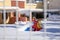 Winter morning snow covered empty playground of a kindergarten with an elephant slide in Athens, Greece