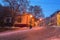 Winter morning view of colourful buildings on empty Andriyivskyy Uzvoz Descent or Spusk. One of the oldest street in Kyiv