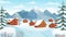 Winter mountain with cottages. Houses in snowy alpine peaks for wintertime holidays vacation. Cartoon landscape of ski