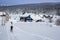 Winter mountain landscape with cross country skiing trails