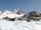 Winter mountain landscape in the Monte Rosa range in Switzerland with the Mantova mountain hut