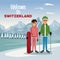 Winter mountain landscape poster with tourist couple skiers people and text welcome to switzerland