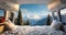 Winter mountain scene seen by camper inside the camper van. AI generated