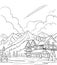 Winter Mountain Sunset landscape Hand Drawn, Art Line Sketch outdoor Alps panorama snow sports ski Hotel Holiday Hand Drawn