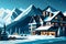 Winter Mountain Sunset landscape Hand Drawn, outdoor Alps panorama snow sports ski Hotel Holiday travel, Hand Drawn