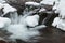 Winter mountain waterfall snow scene. Snowy mountain waterfall landscape. Winter mountain waterfall in Shipot waterfall