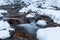 Winter mountain waterfall snow scene. Snowy mountain waterfall landscape. Winter mountain waterfall in Shipot waterfall