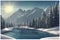 Winter in the mountains. Fabulous winter river landscape in the mountains. Fantasy world - sky, Mountains, forest