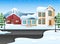 Winter mountains landscape with house and snowy street