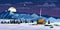 Winter mountains snow landscape panorama, pines ate, hills lonely building, field, night, moon. Vector illustration card