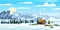 Winter mountains snow landscape panorama, pines ate, hills lonely building, field. Vector illustration card, poster