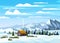 Winter mountains snow landscape panorama, pines ate, hills lonely building, field. Vector illustration card, poster